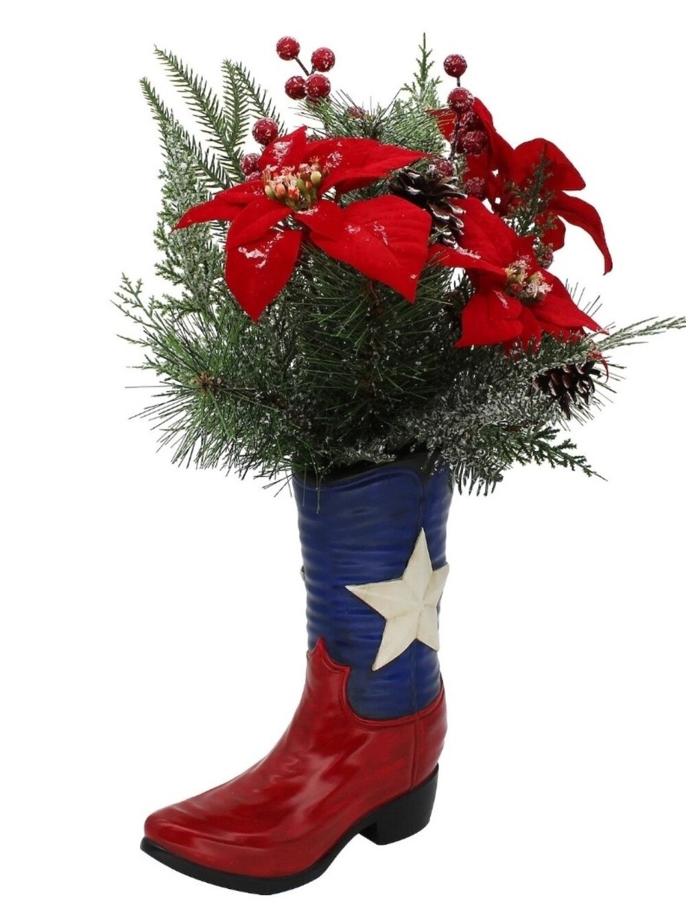 Festive Texas Cowboy Boot Faux Poinsettia Pine Bouquet Christmas Decor - Picture 2 of 11